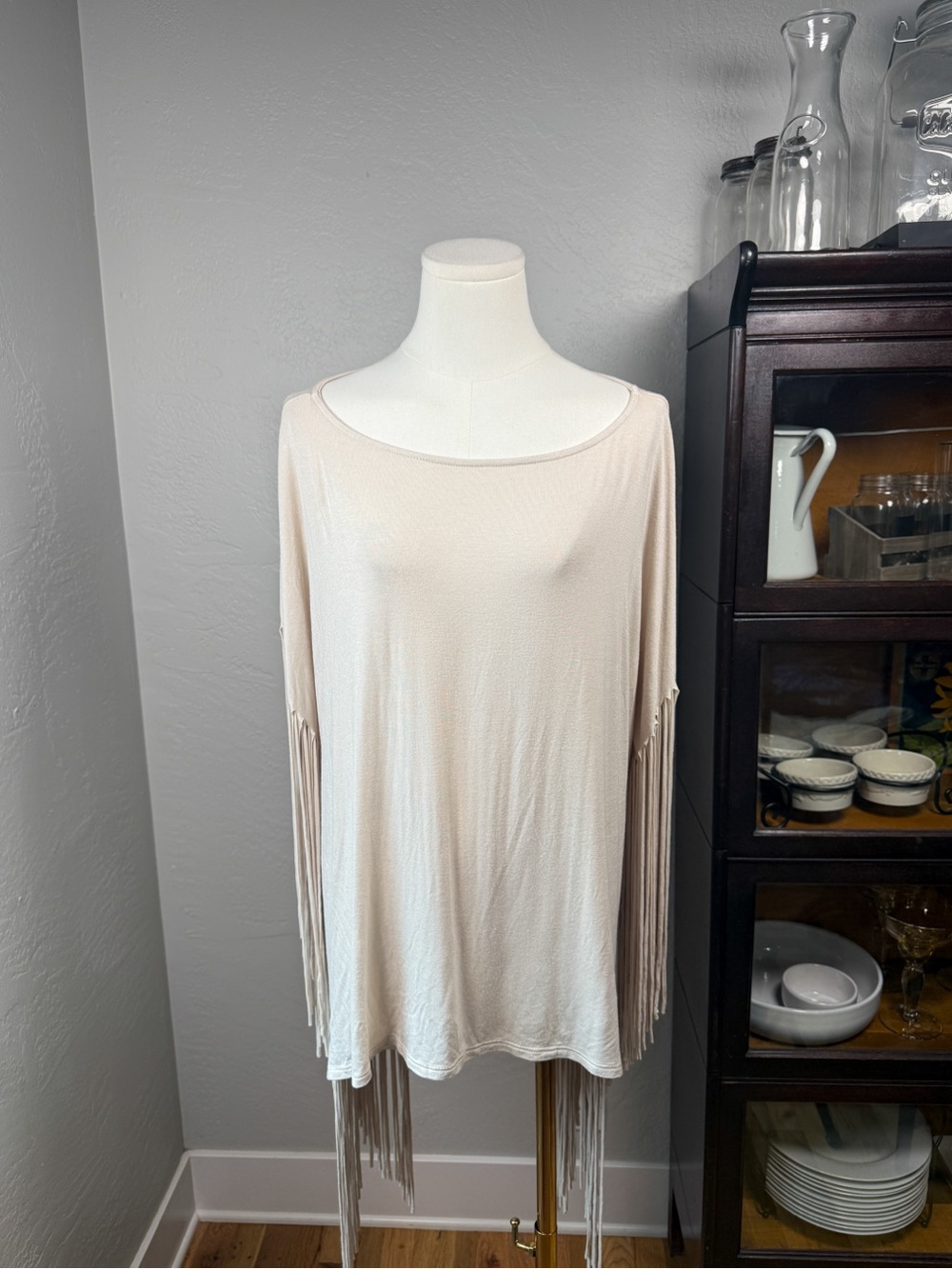 Three Bird Nest Cream Fringe Oversized Poncho Top Boho Western Festival Size S